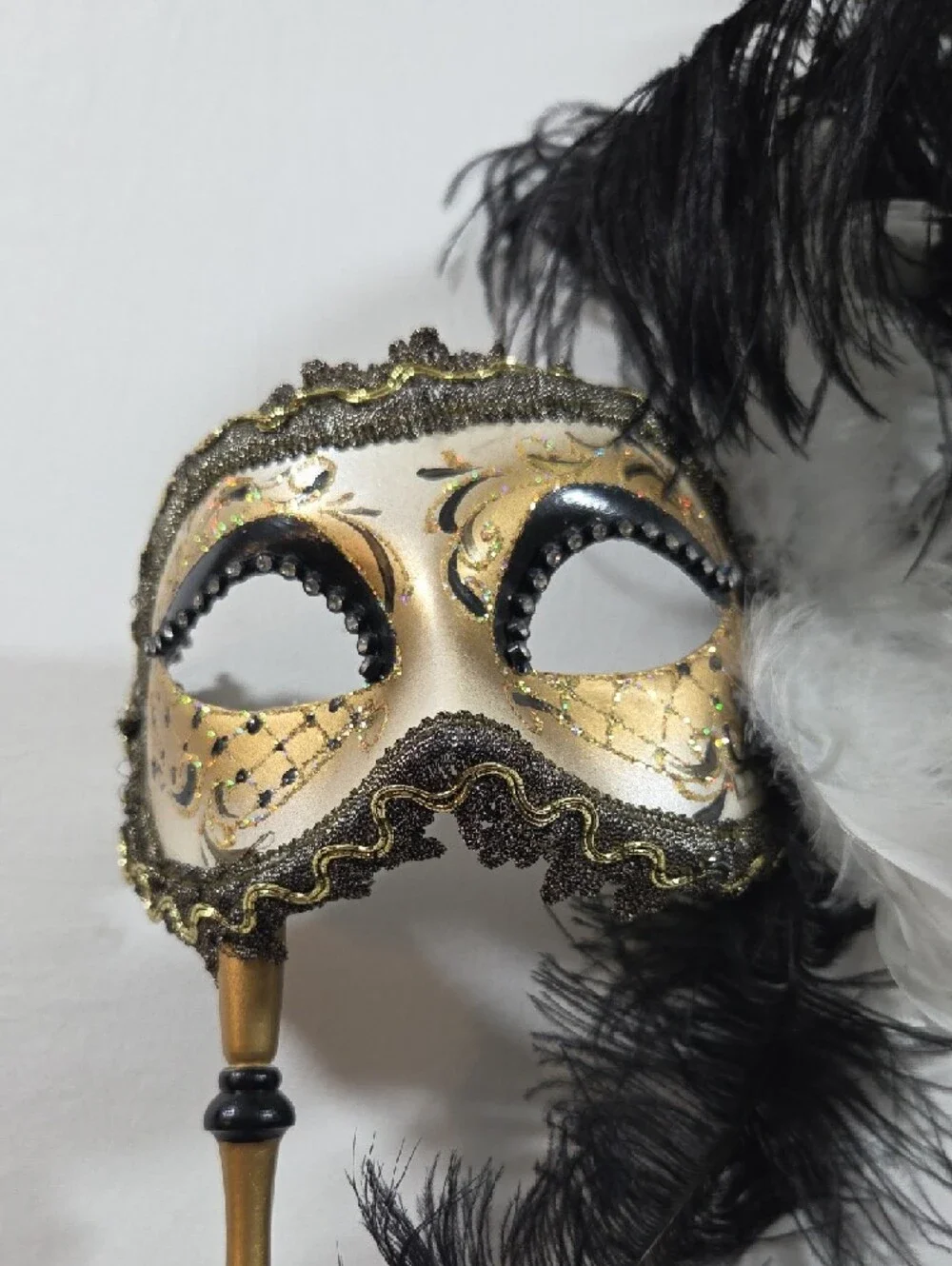Gold Handheld Masquerade Leather Mask Black White Feathers Italy Handpainted
